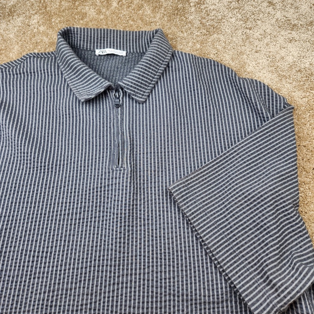 Zara Man Grey White Striped Textured Quarter Zip Polo Shirt Mens XL Relaxed Fit